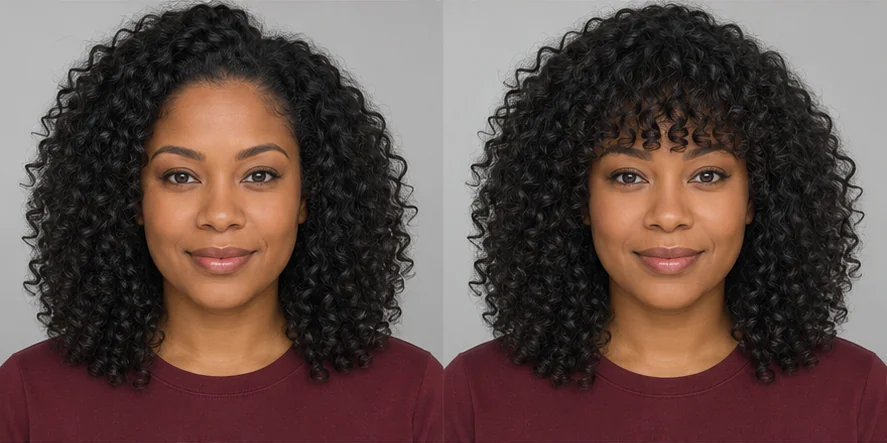Same natural curls portrait before and after blunt bangs, GPT reference illustration