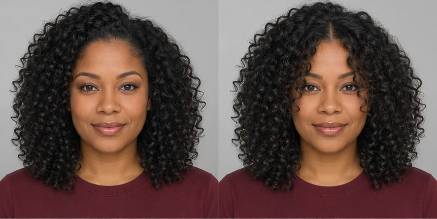 Same natural curls portrait before and after curtain bangs, GPT reference illustration