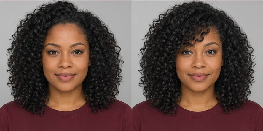 Same natural curls portrait before and after side-swept bangs, GPT reference illustration