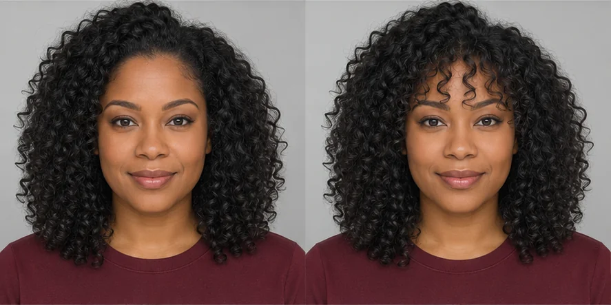 Same natural curls portrait before and after wispy bangs, GPT reference illustration