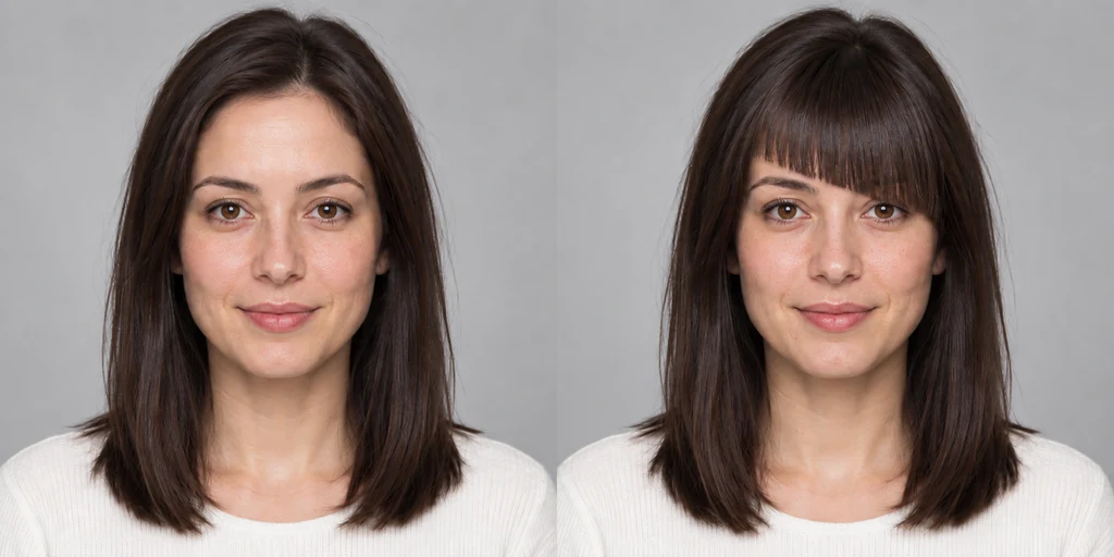 Même portrait, Cheveux raides aux épaules, avant et après Frange asymétrique, illustration de référence GPT