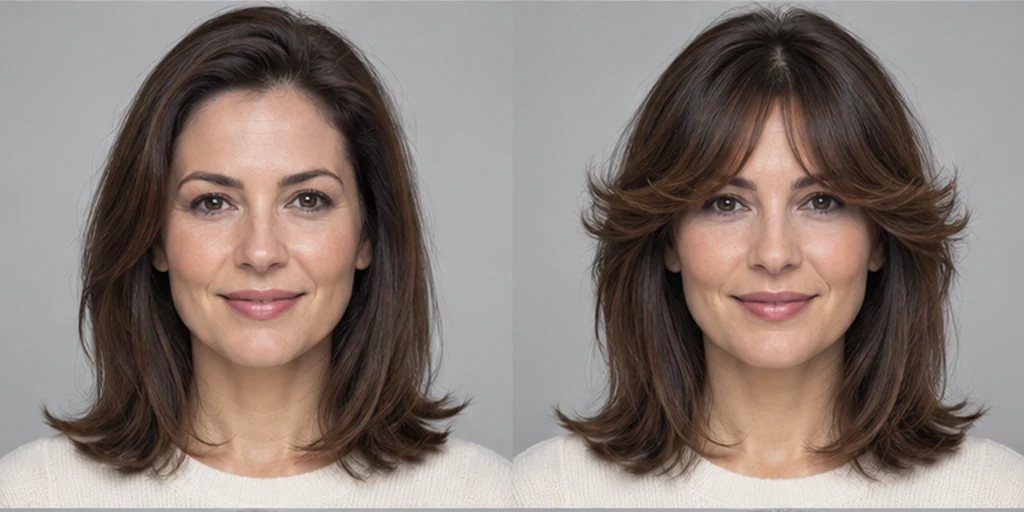 Même portrait, Cheveux raides aux épaules, avant et après Frange Bardot, illustration de référence GPT