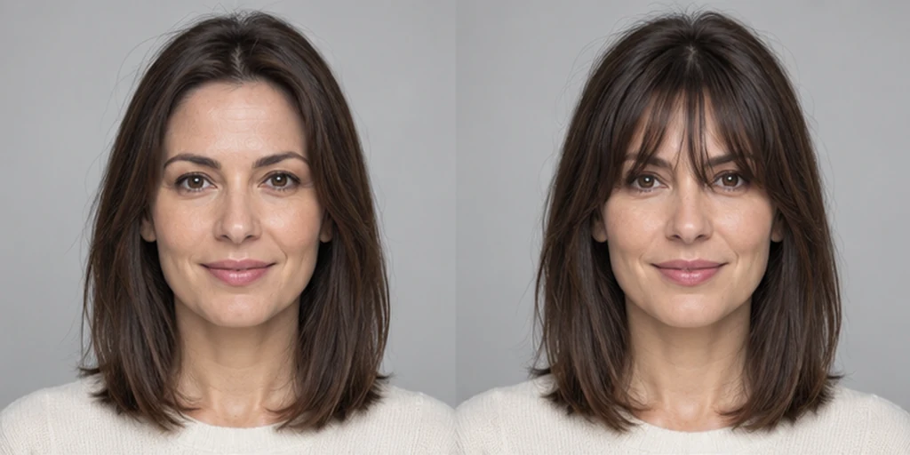 Même portrait, Cheveux raides aux épaules, avant et après Frange Birkin, illustration de référence GPT