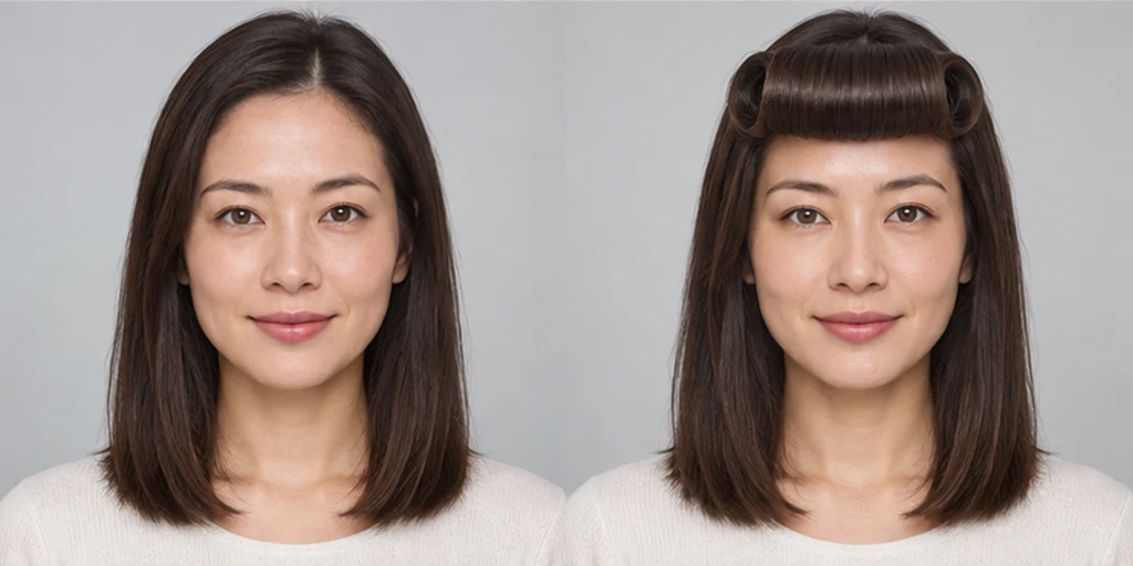 Même portrait, Cheveux raides aux épaules, avant et après Frange roulée pin-up, illustration de référence GPT