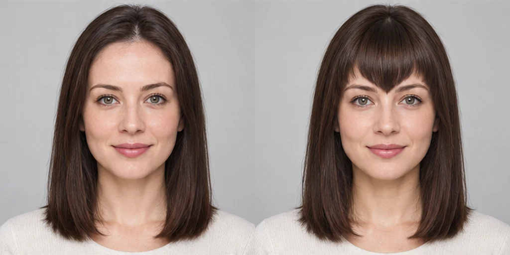 Même portrait, Cheveux raides aux épaules, avant et après Frange en V, illustration de référence GPT