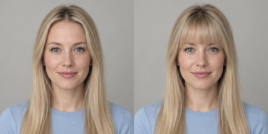 Same fine blonde hair portrait before and after blunt bangs, GPT reference illustration