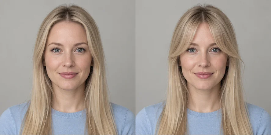 Same fine blonde hair portrait before and after curtain bangs, GPT reference illustration