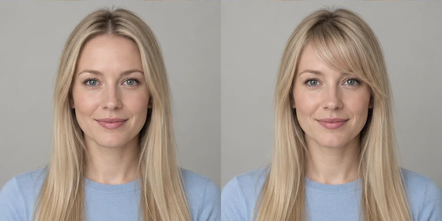 Same fine blonde hair portrait before and after side-swept bangs, GPT reference illustration
