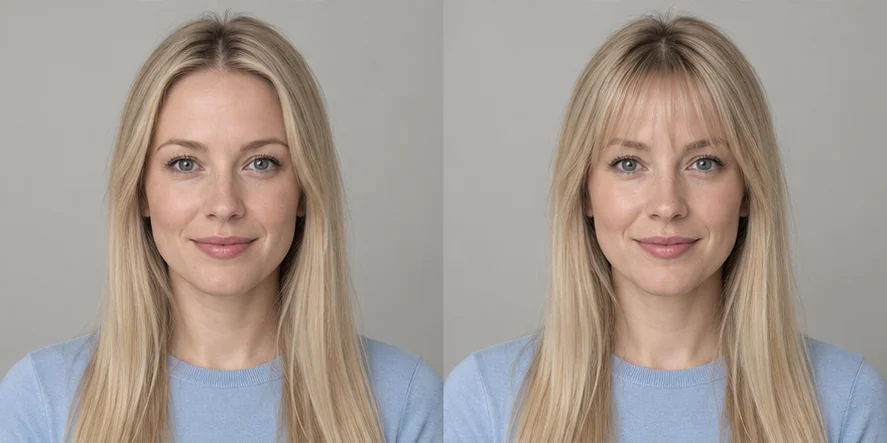 Same fine blonde hair portrait before and after wispy bangs, GPT reference illustration