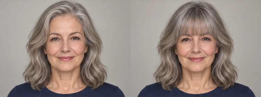 Same silver hair portrait before and after blunt bangs, GPT reference illustration