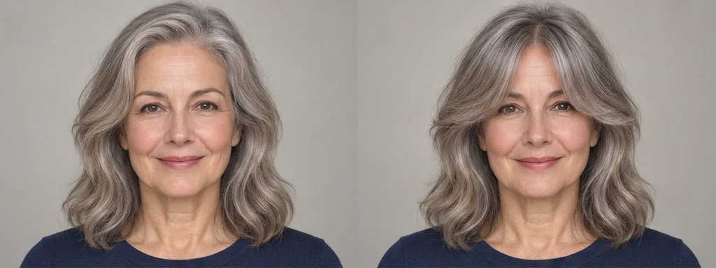 Same silver hair portrait before and after curtain bangs, GPT reference illustration