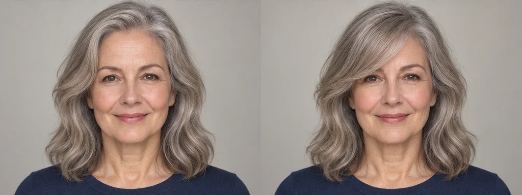 Same silver hair portrait before and after side-swept bangs, GPT reference illustration