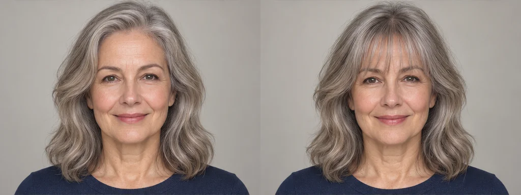 Same silver hair portrait before and after wispy bangs, GPT reference illustration