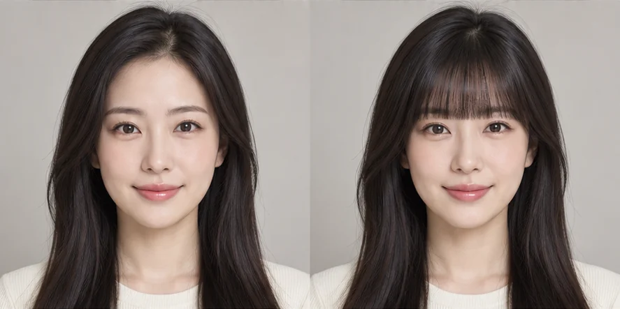 Same straight dark hair portrait before and after blunt bangs, GPT reference illustration
