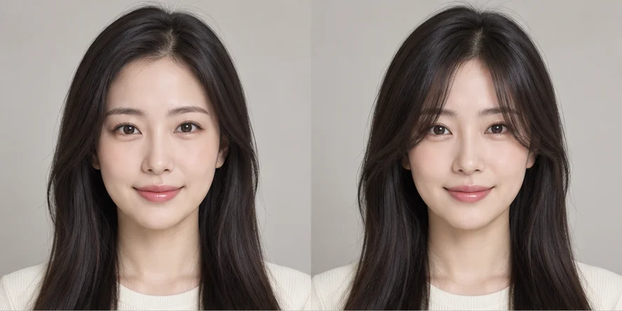 Same straight dark hair portrait before and after curtain bangs, GPT reference illustration