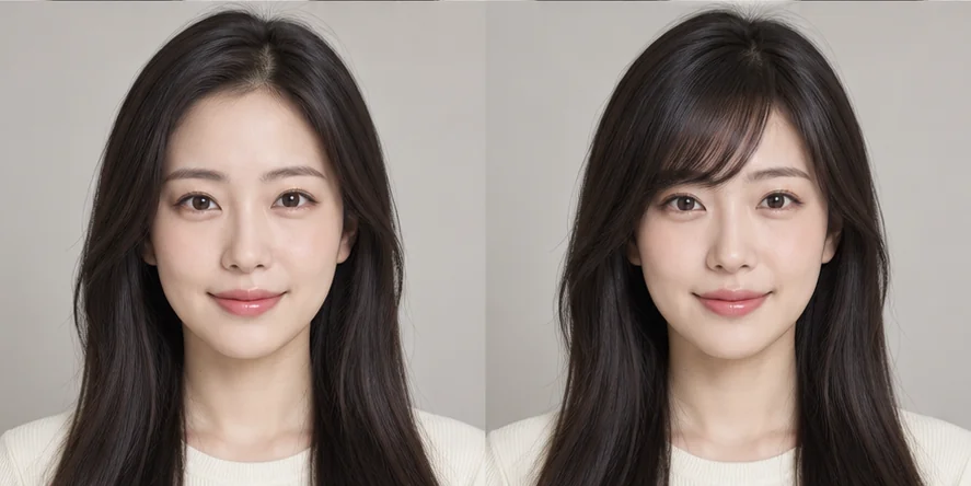 Same straight dark hair portrait before and after side-swept bangs, GPT reference illustration