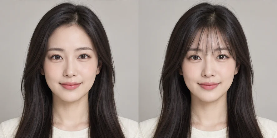 Same straight dark hair portrait before and after wispy bangs, GPT reference illustration