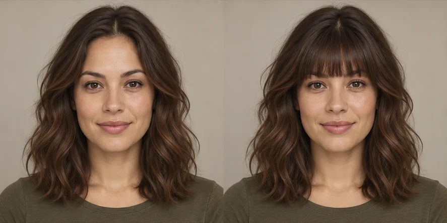 Same shoulder-length waves portrait before and after blunt bangs, GPT reference illustration