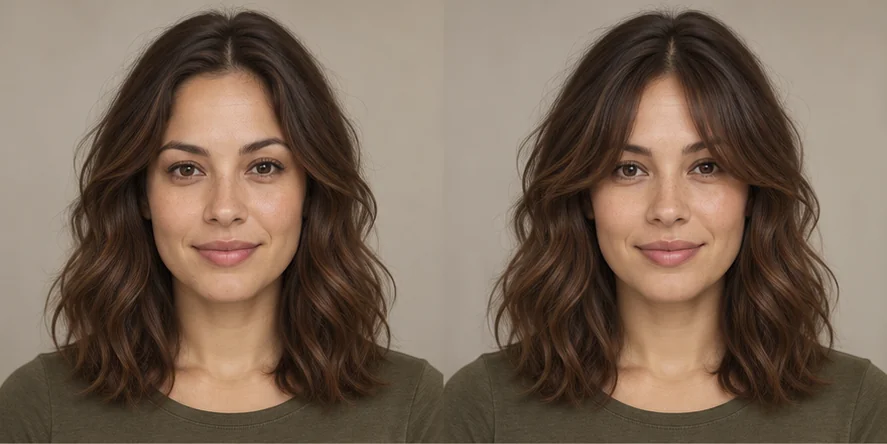 Same shoulder-length waves portrait before and after curtain bangs, GPT reference illustration