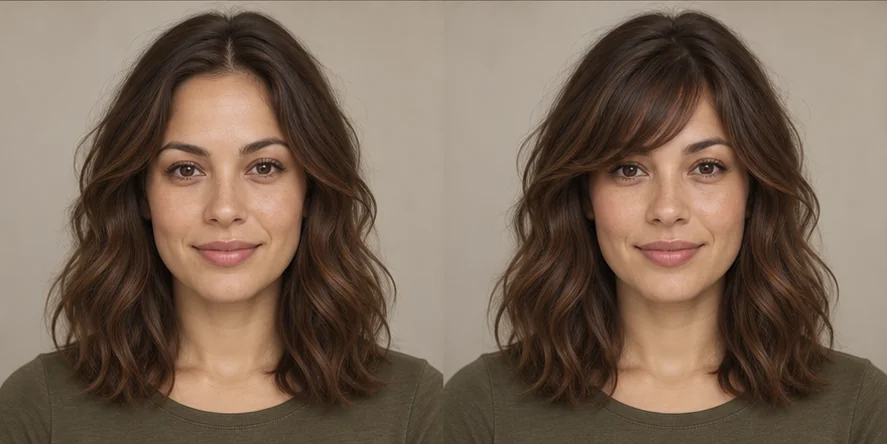 Same shoulder-length waves portrait before and after side-swept bangs, GPT reference illustration