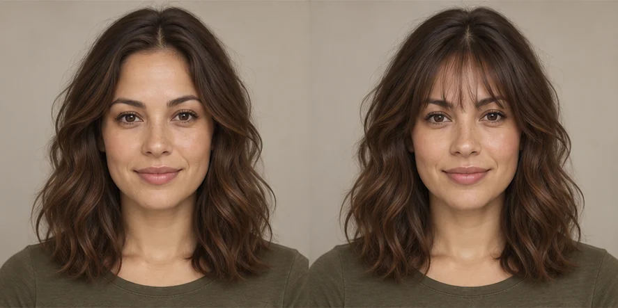 Same shoulder-length waves portrait before and after wispy bangs, GPT reference illustration