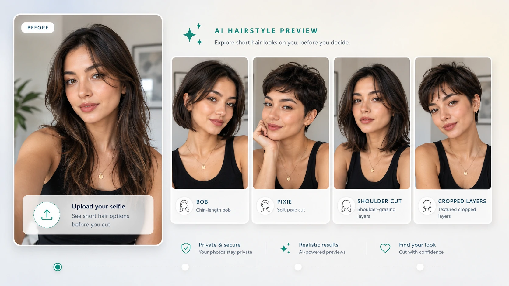 Short hair preview with bob, pixie, shoulder cut, and cropped layers