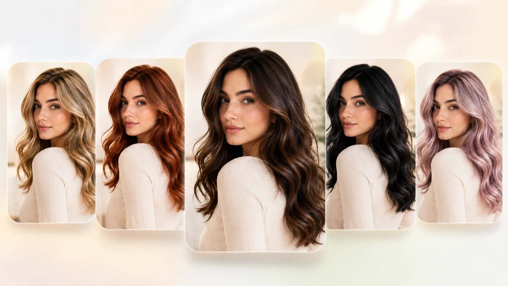 Blonde, copper, brunette, black, and pastel hair color previews