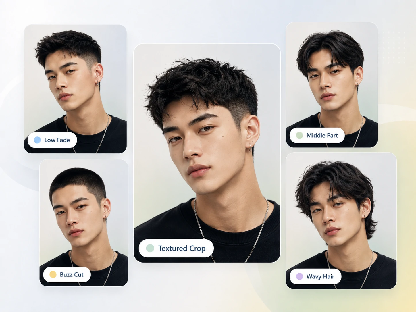 Men's haircut preview with low fade, buzz cut, textured crop, and wavy length
