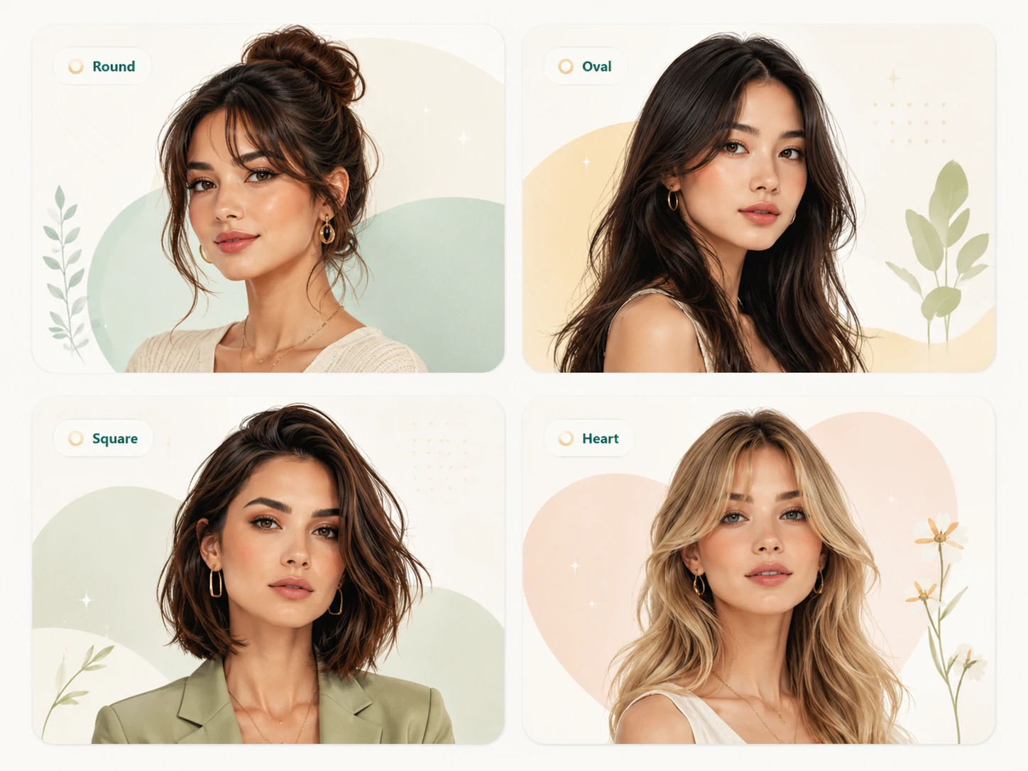 Hairstyle ideas for round, oval, square, and heart face shapes